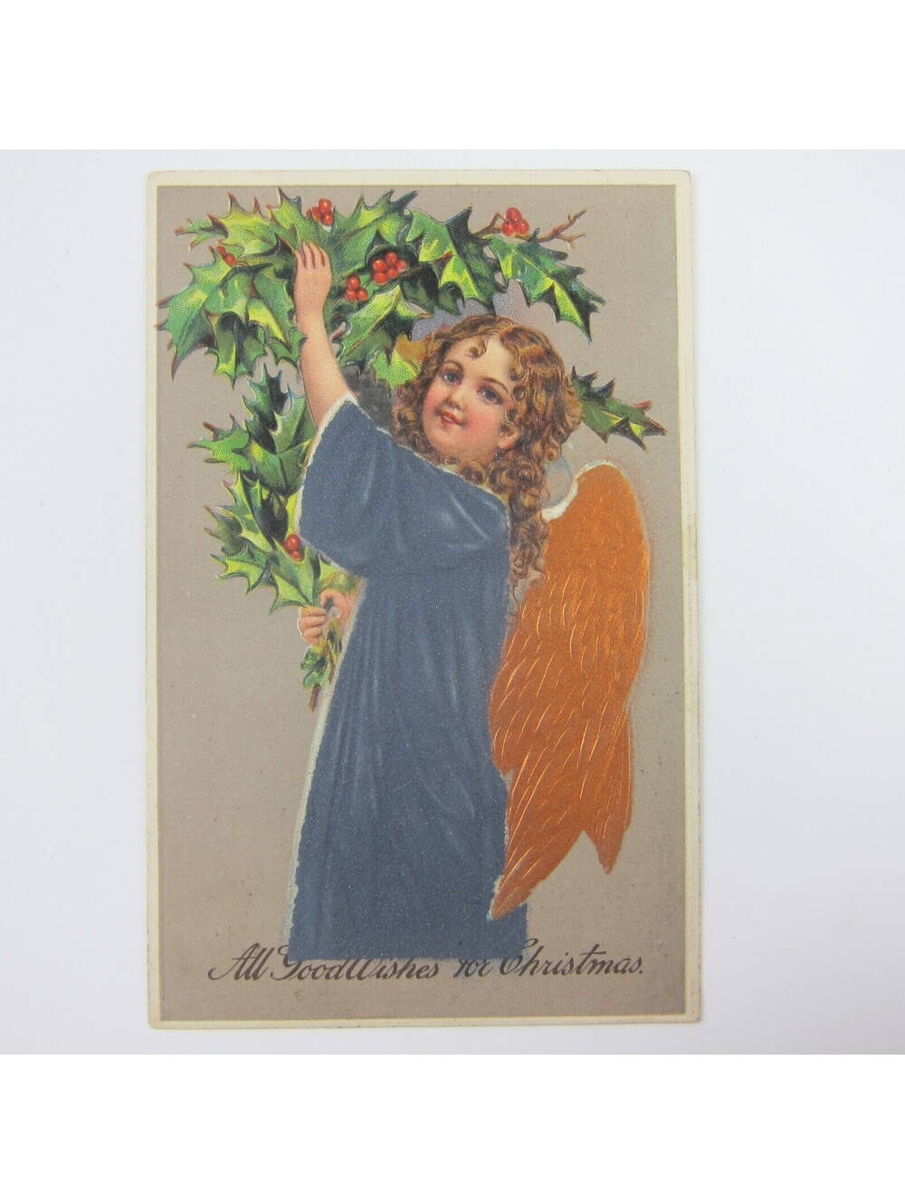 Christmas Postcard Victorian Girl Angel Gold Wings Holly Berry Embossed Antique